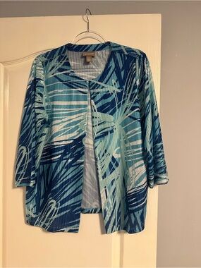 Chico's Teal and Navy Patterned Knit Cardigan